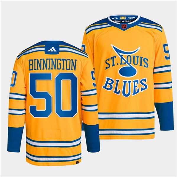 Men%27s St. Louis Blues #50 Jordan Binnington Yellow 2022-23 Reverse Retro Stitched Jersey Dzhi